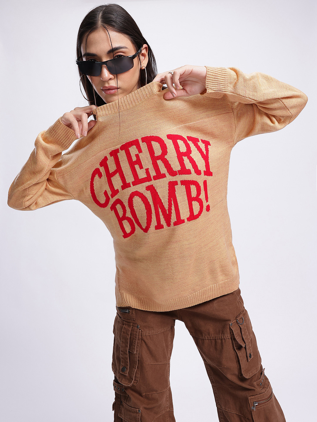 

glitchez Cherry Bomb Drop-Shoulder Pullover, Beige