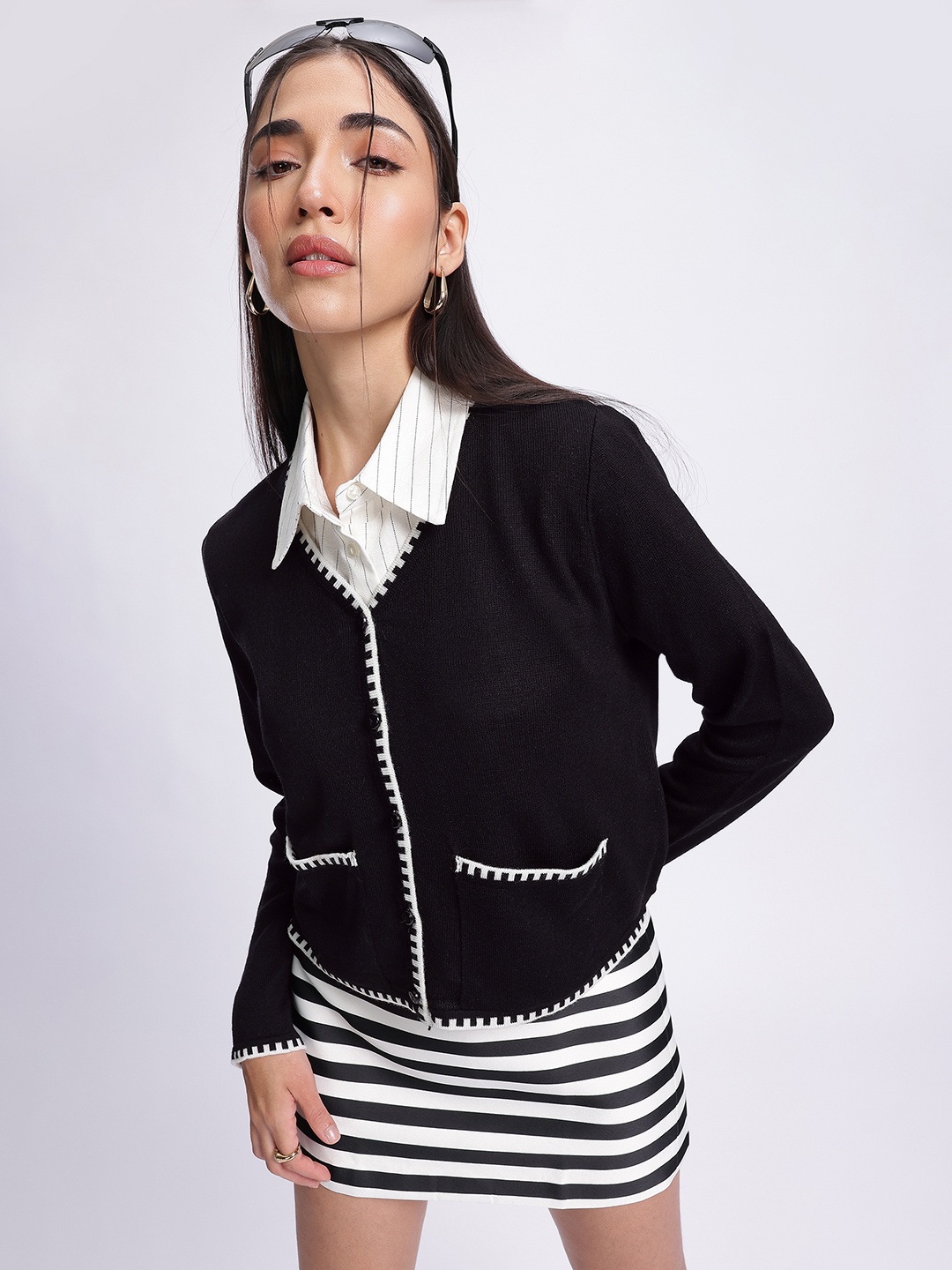 

glitchez Monochrome Magic Contrast Trims Cardigan, Black