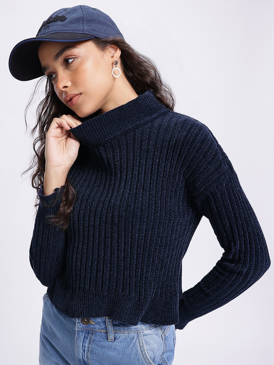 

glitchez Knitted Casuals High-Neck Ribbed Velour Sweater, Navy blue