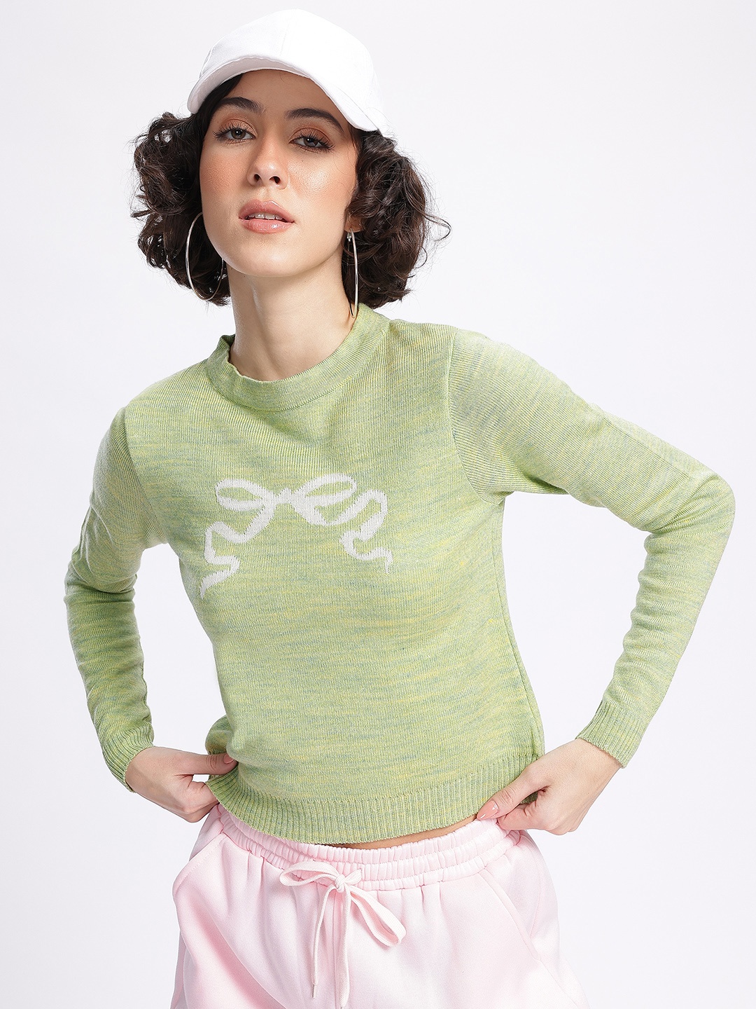 

glitchez Cloud Chic Bow Pattern Acrylic Crop Pullover, Green