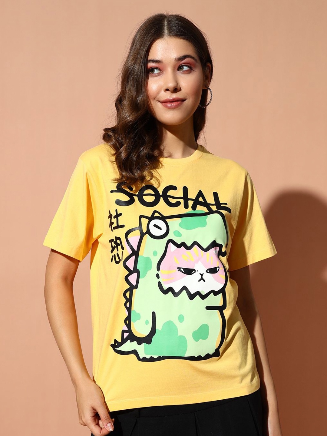 

The Dry State Women Printed Monochrome Applique T-shirt, Yellow