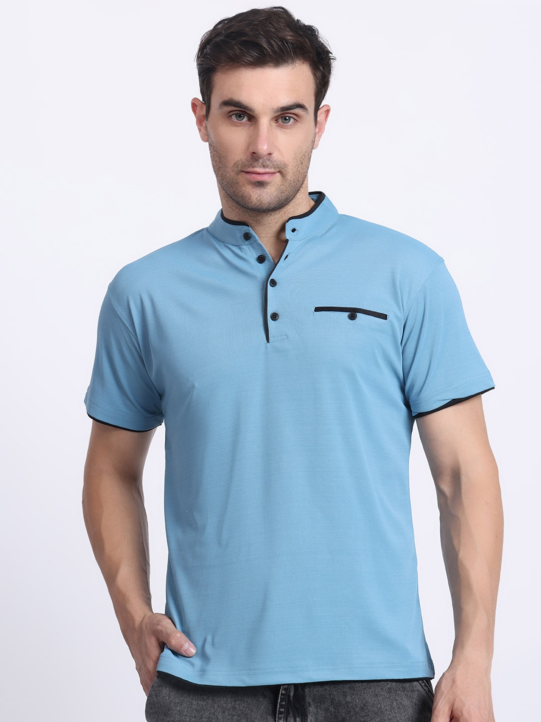 

N AND J Men Solid Mandarin Collar Cotton Polo T-shirt, Blue