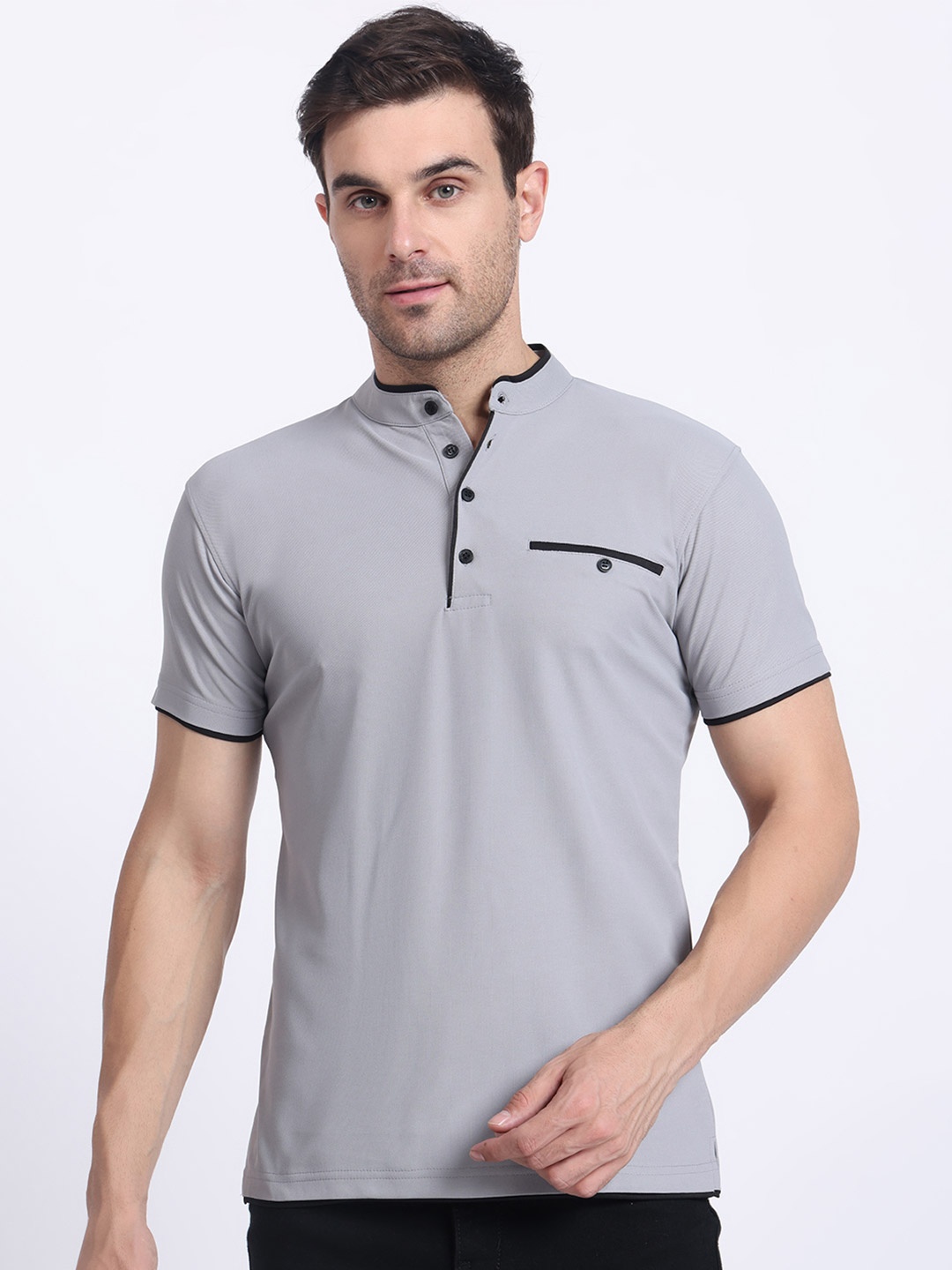 

N AND J Men Solid Mandarin Collar Polo T-shirt, Grey