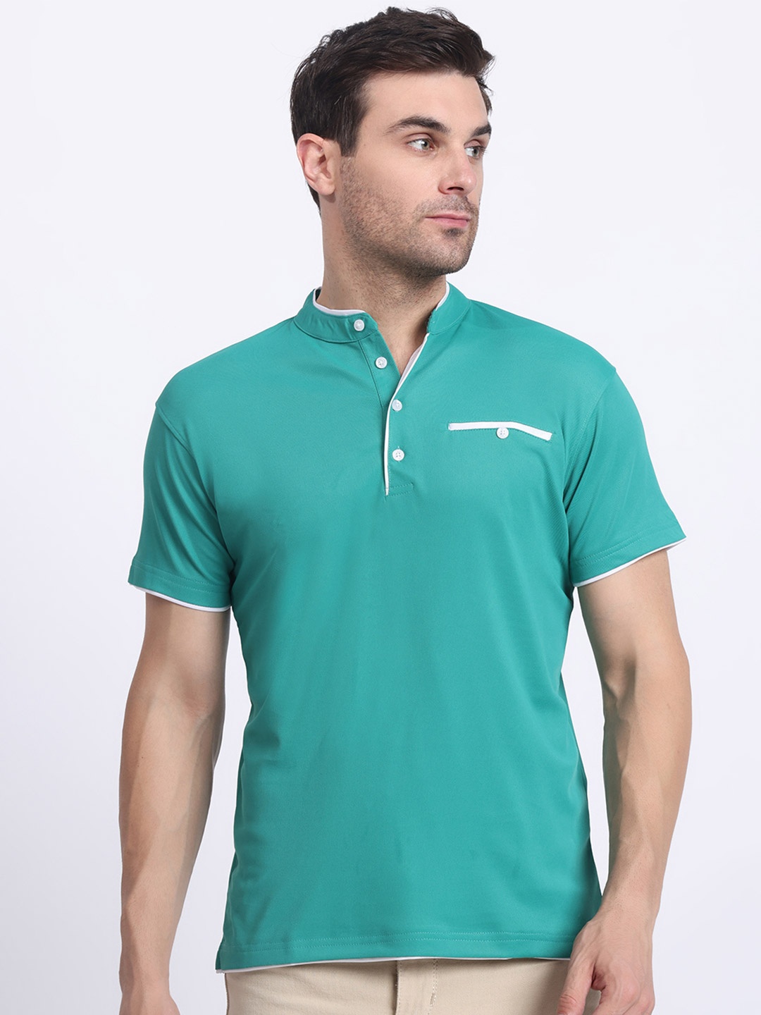 

N AND J Men Solid Mandarin Collar Polo T-shirt, Teal