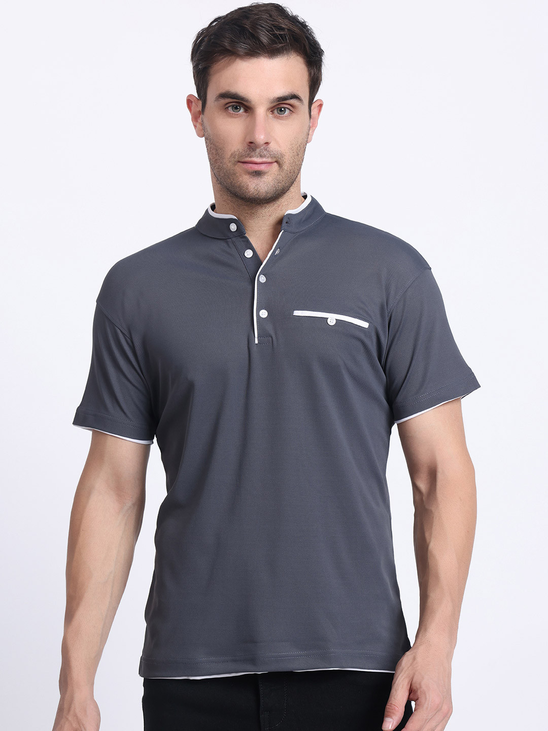 

N AND J Men Solid Mandarin Collar Cotton Polo T-shirt, Grey