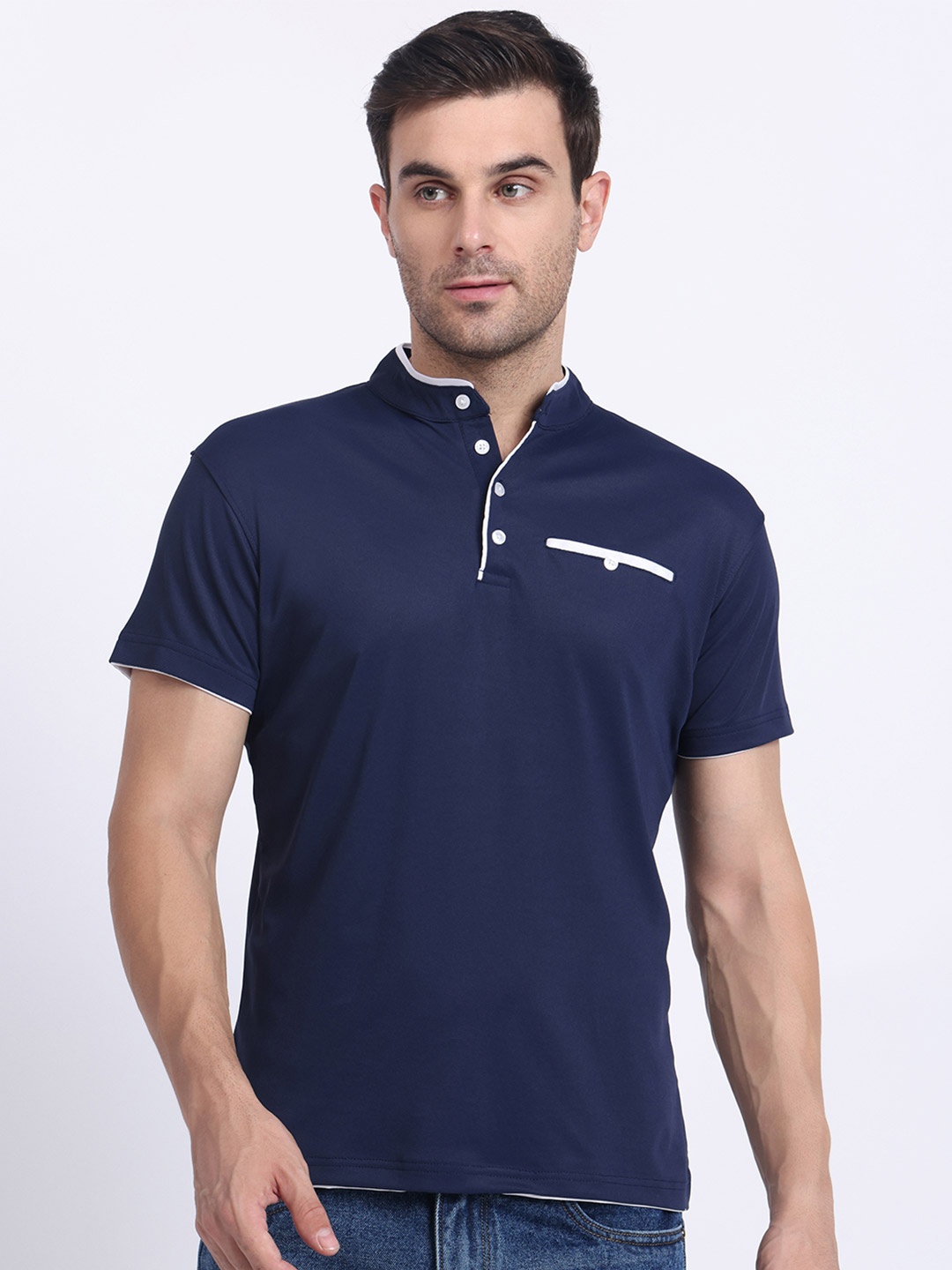 

N AND J Mandarin Collar Cotton T-shirt, Navy blue