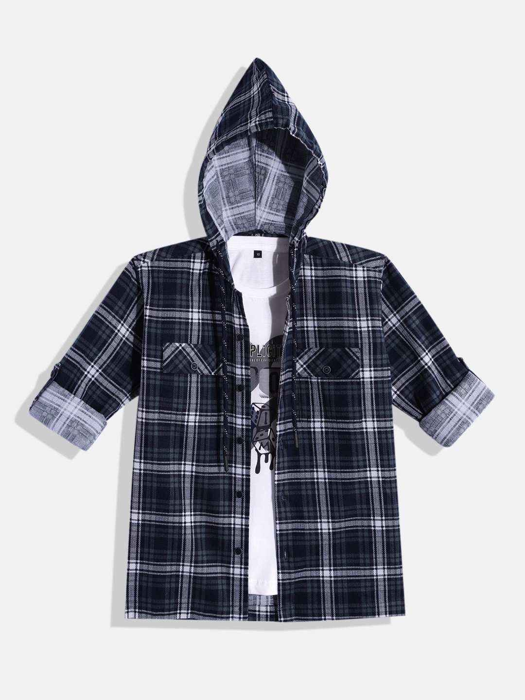 

CAVIO Boys Comfort Hooded Tartan Checked Pure Cotton Casual Shirt with T-shirt, Navy blue