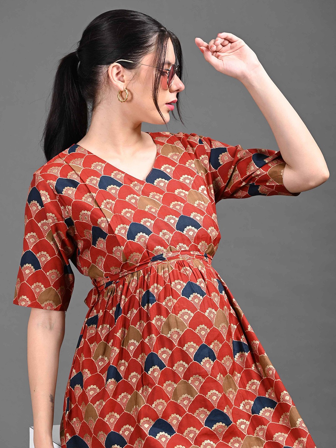 

GOLDSTROMS Women Printed Maternity Maxi Ethnic Dress, Red
