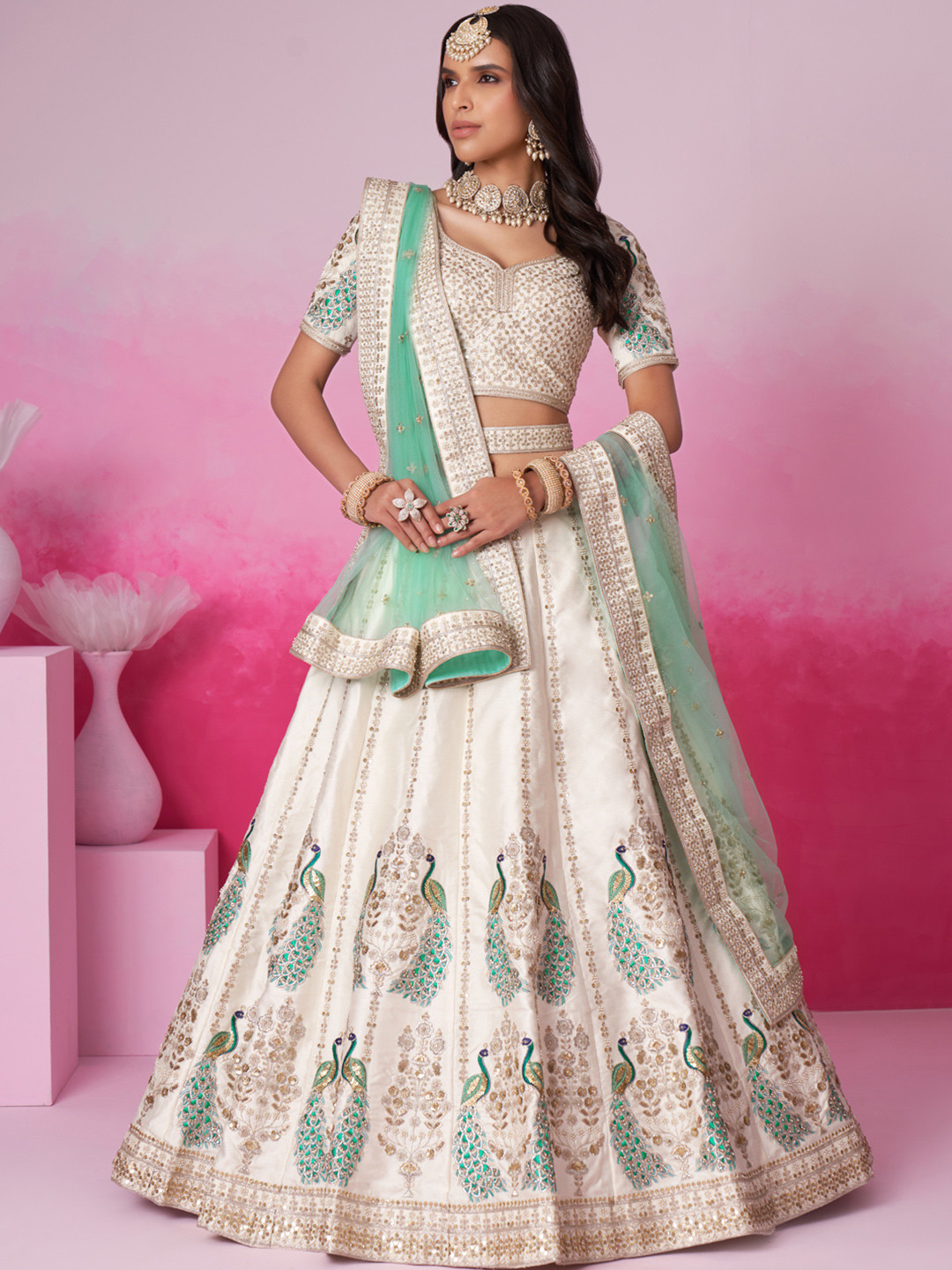 

panchhi Embellished Beads & Stones Semi-Stitched Lehenga & Unstitched Blouse With Dupatta, Cream