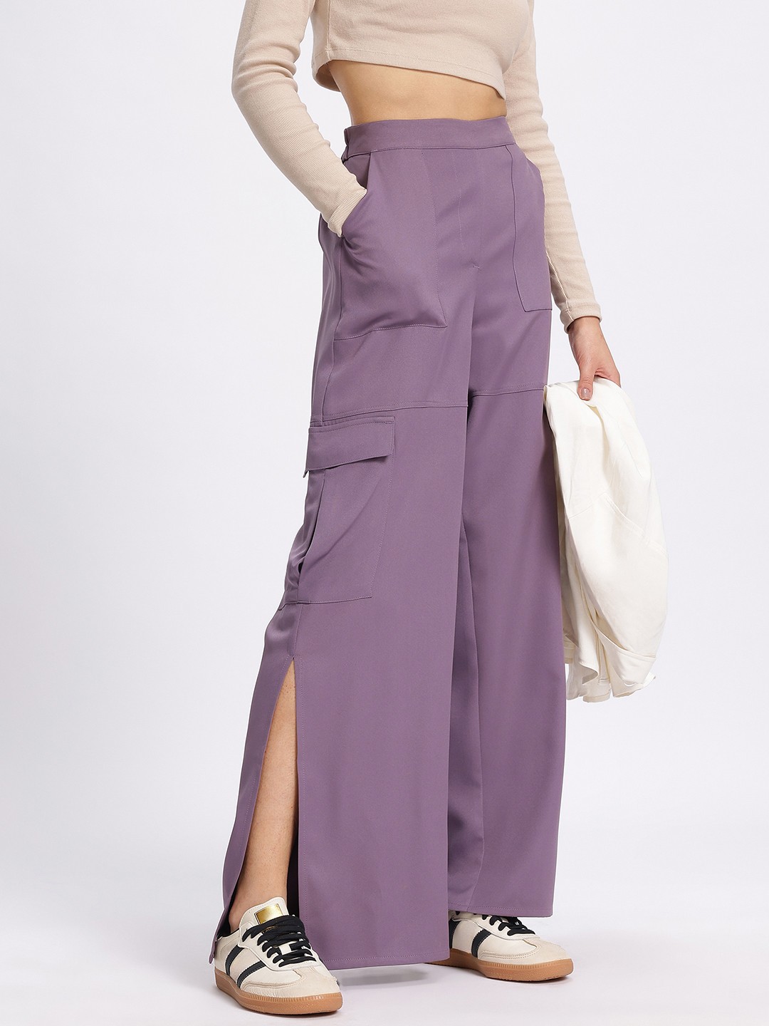 

glitchez Women Elevated Cargo Side Slit Trousers, Purple