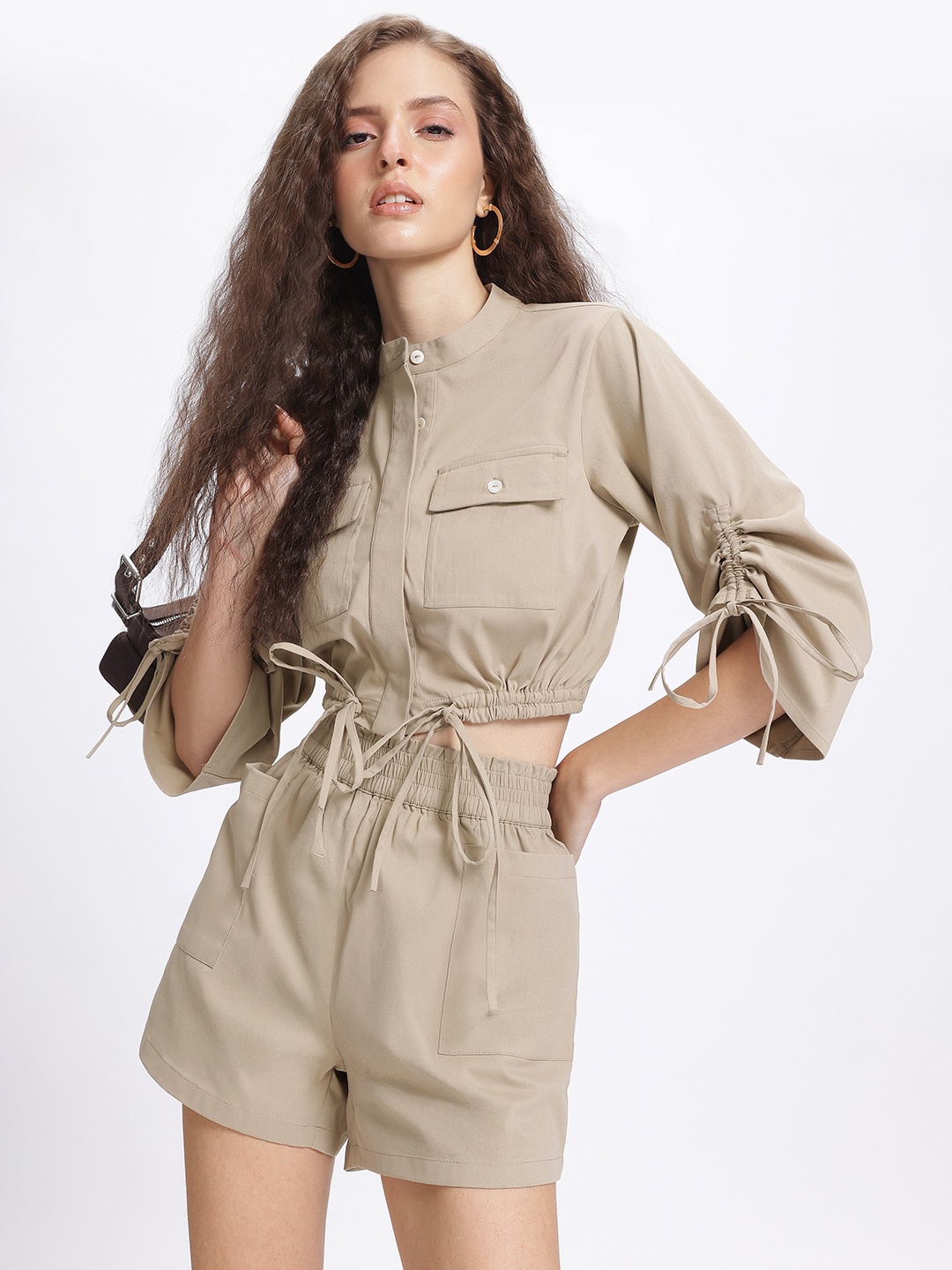 

glitchez Military-Style Tie-Up Detail Crop Shirt with Shorts, Beige