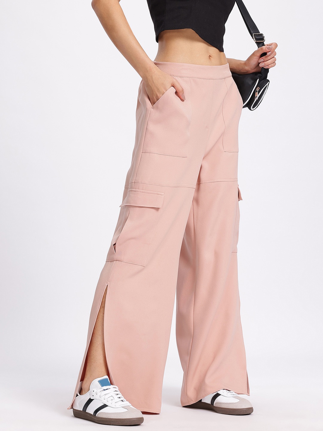 

glitchez Women Utility Chic Cargo Side Slit Trousers, Pink