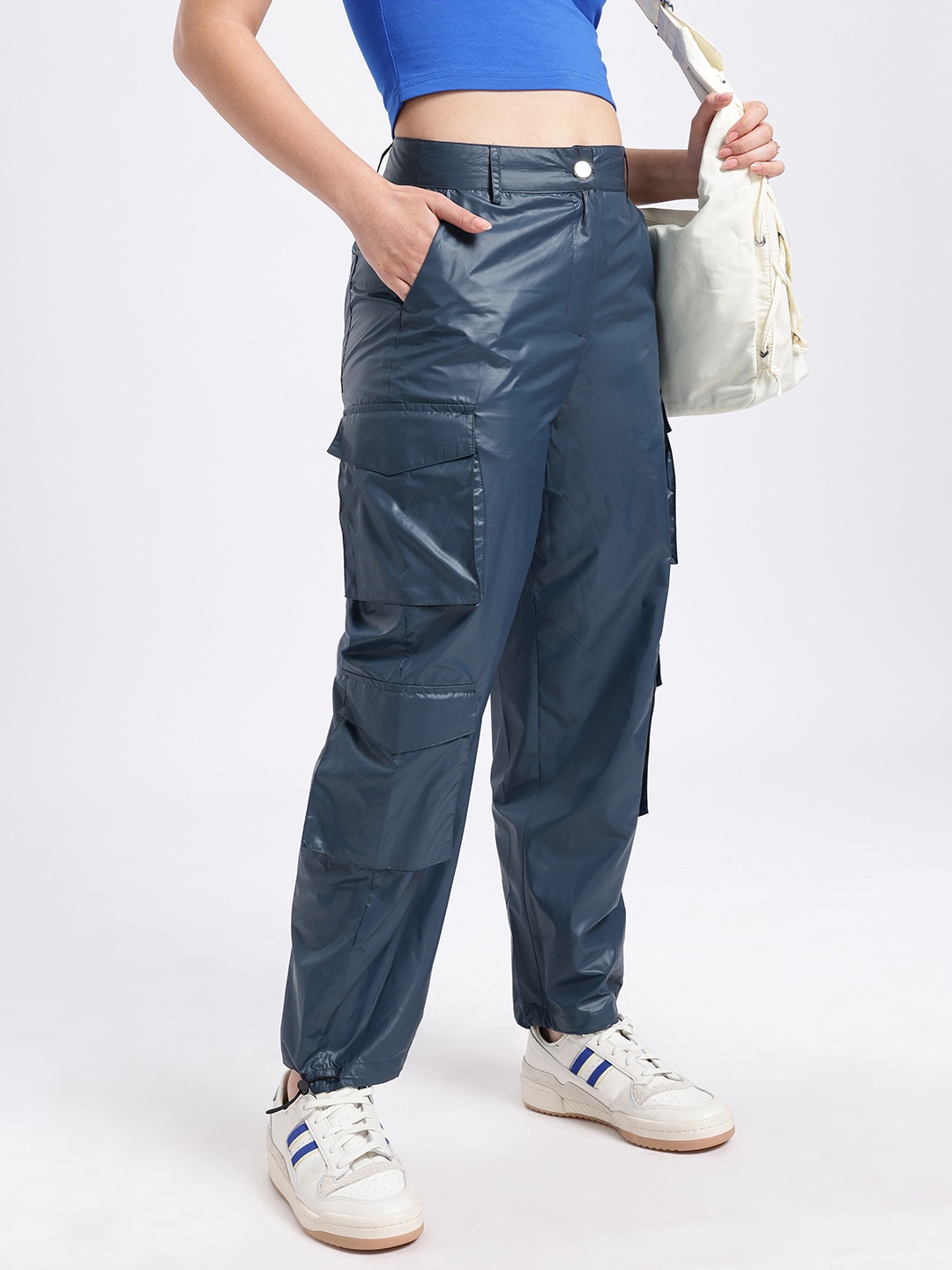

glitchez Women Utility Chic Cargo Parachute Trousers, Navy blue