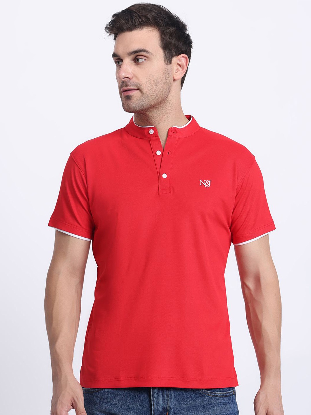 

N AND J Mandarin Collar T Shirt, Red
