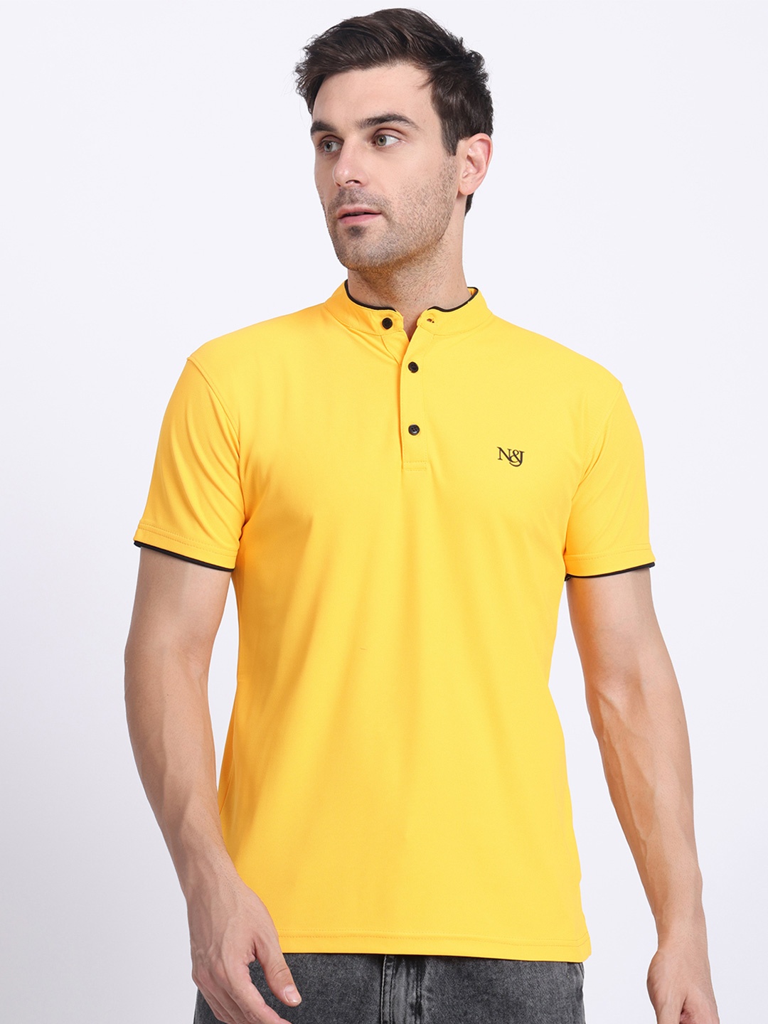 

N AND J Henley Neck Solid Cotton T-shirt, Yellow