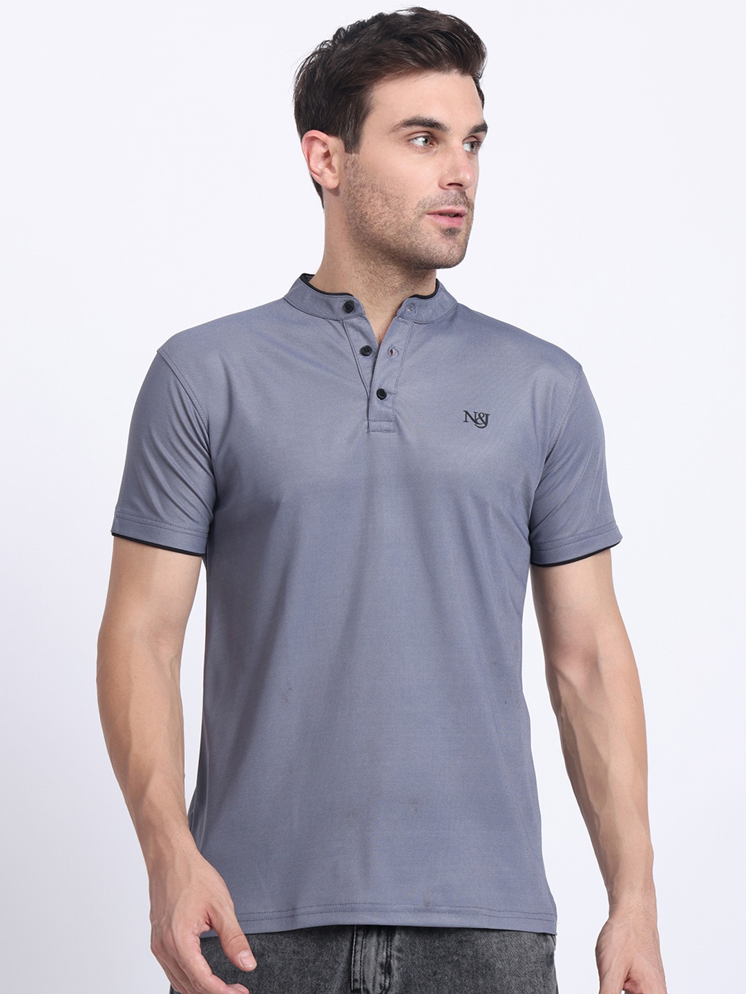 

N AND J Henley Neck Cotton T Shirt, Grey