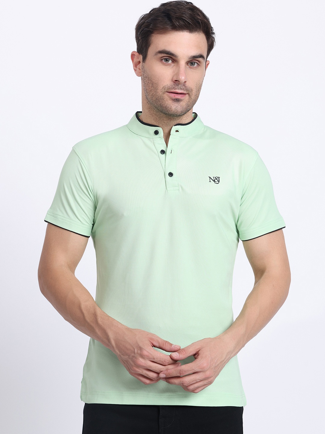 

N AND J Henley Neck Cotton T Shirt, Green