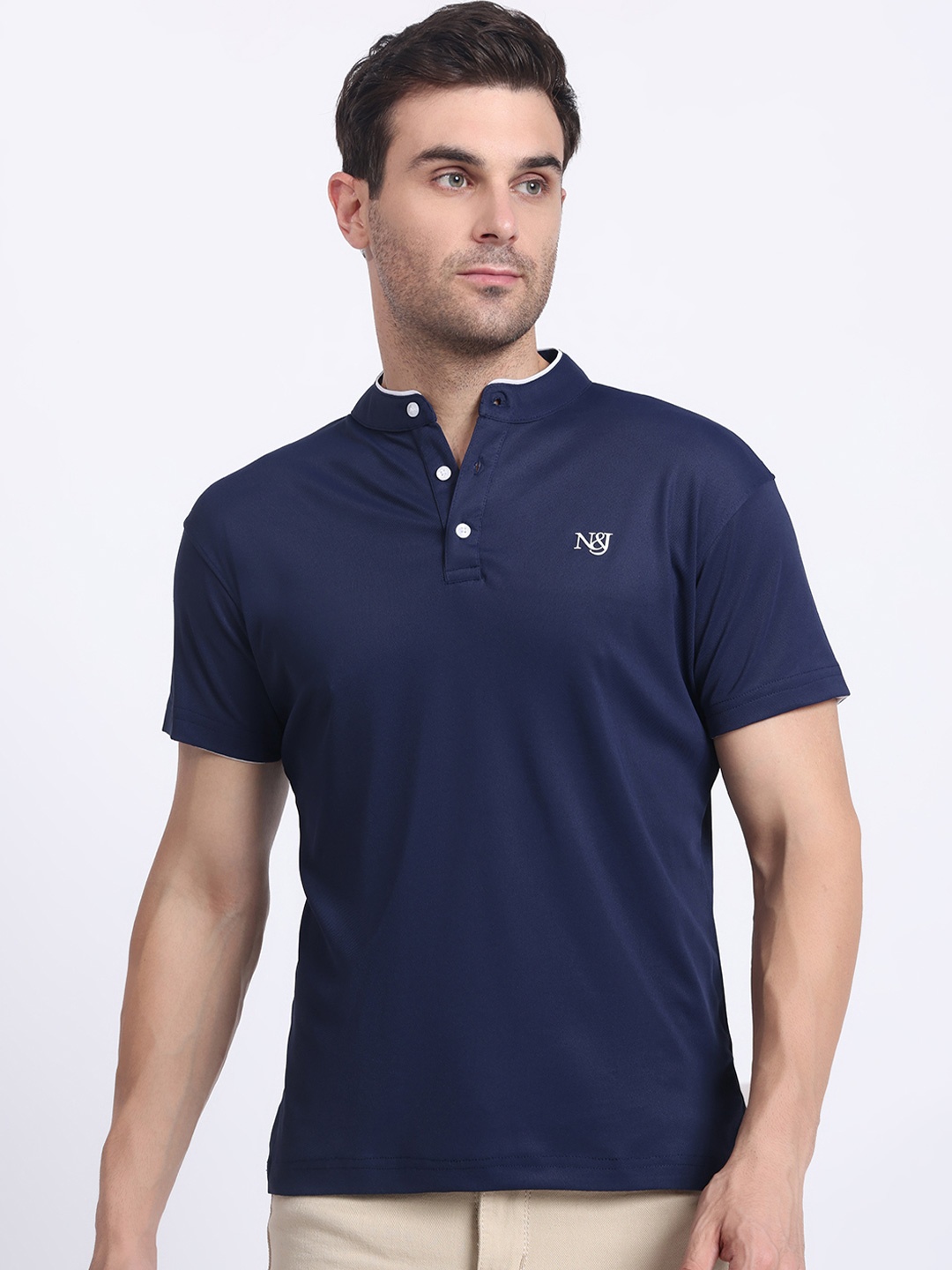 

N AND J Henley Neck Cotton T Shirt, Navy blue