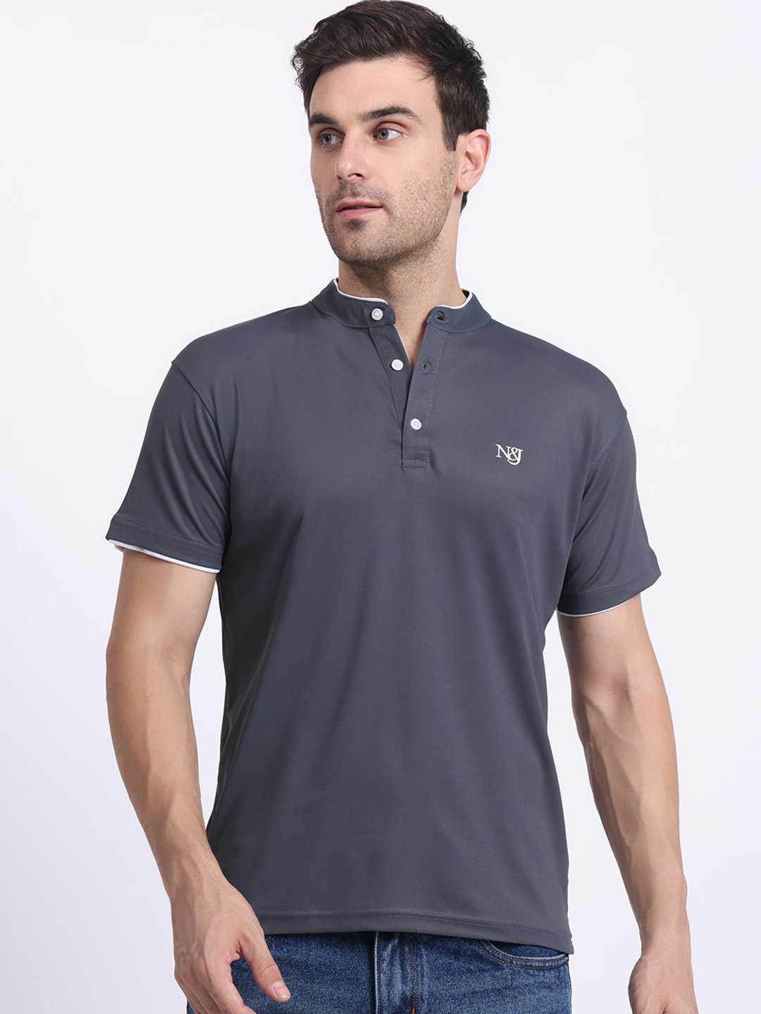 

N AND J Henley Neck Cotton T Shirt, Grey