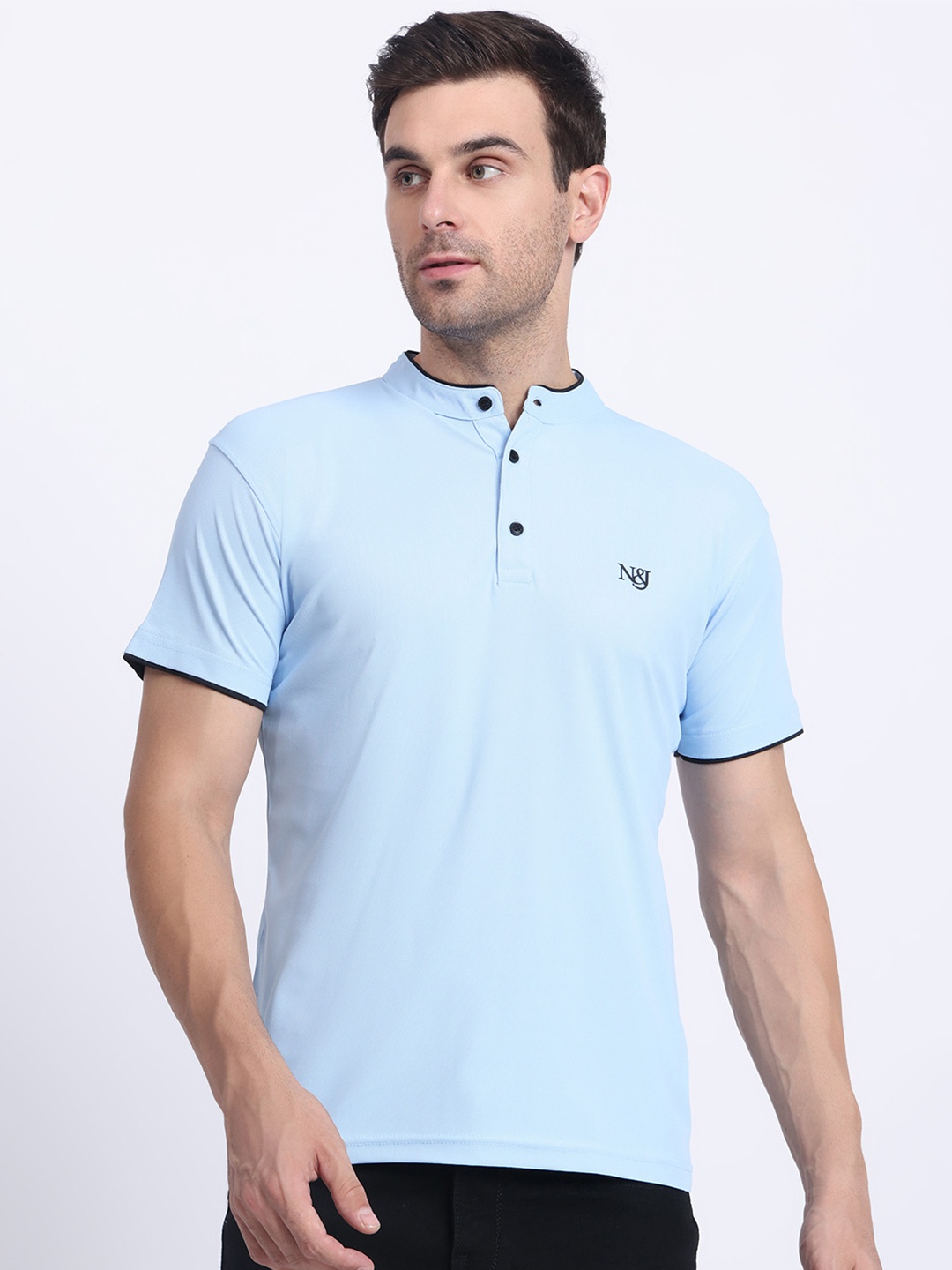 

N AND J Henley Neck Cotton T Shirt, Blue