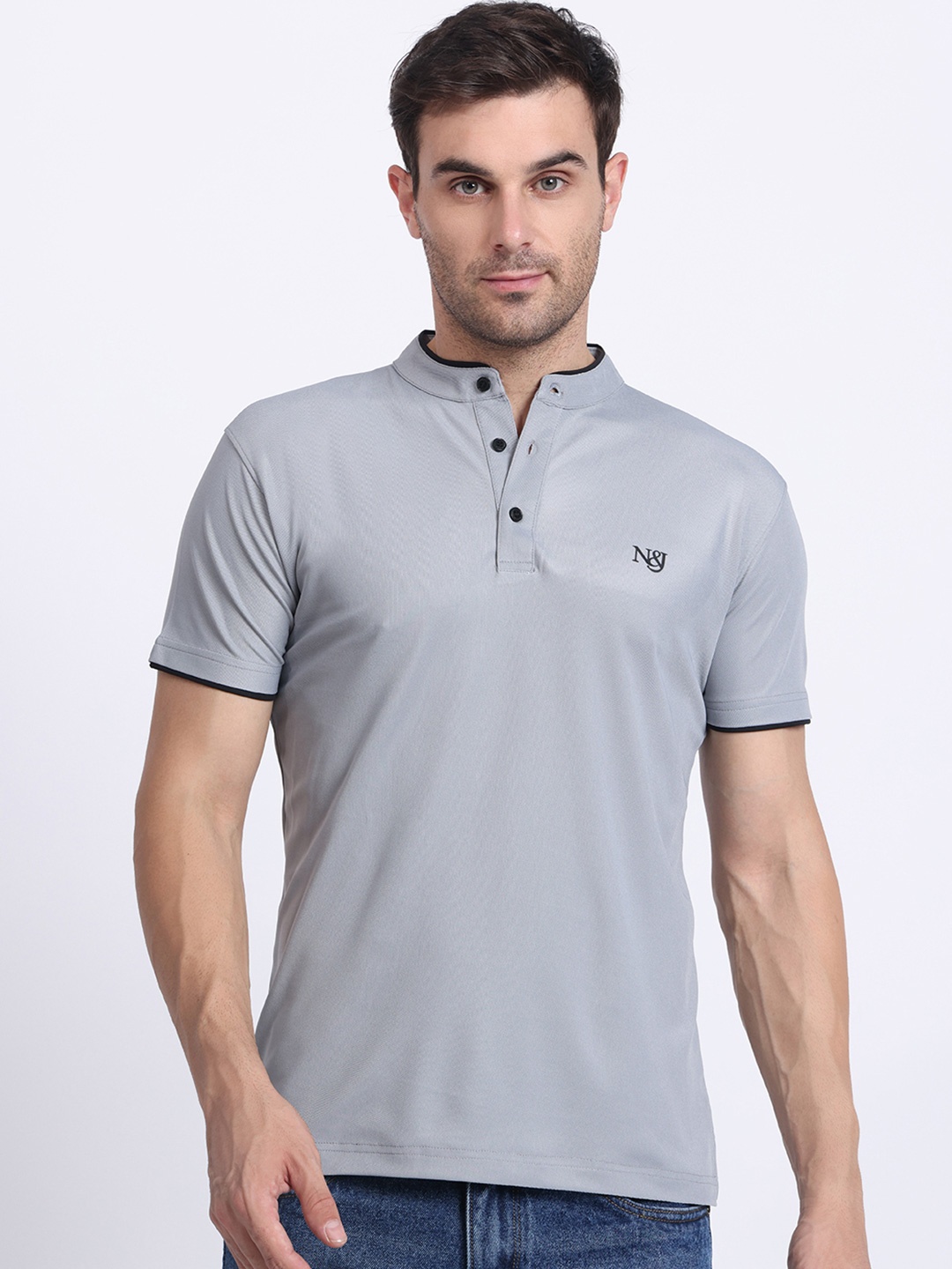 

N AND J Mandarin Collar T Shirt, Grey