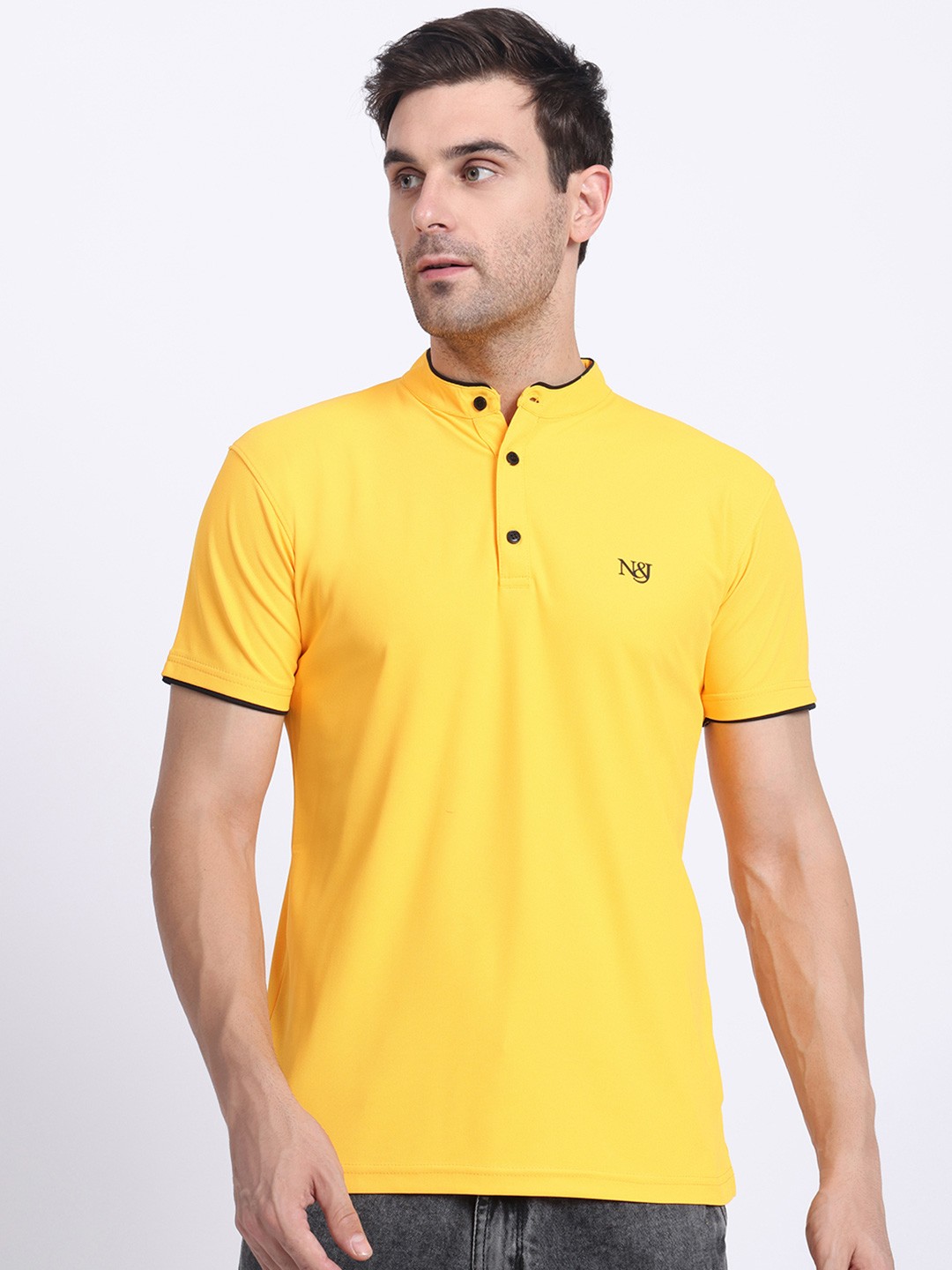 

N AND J Mandarin Collar T Shirt, Yellow