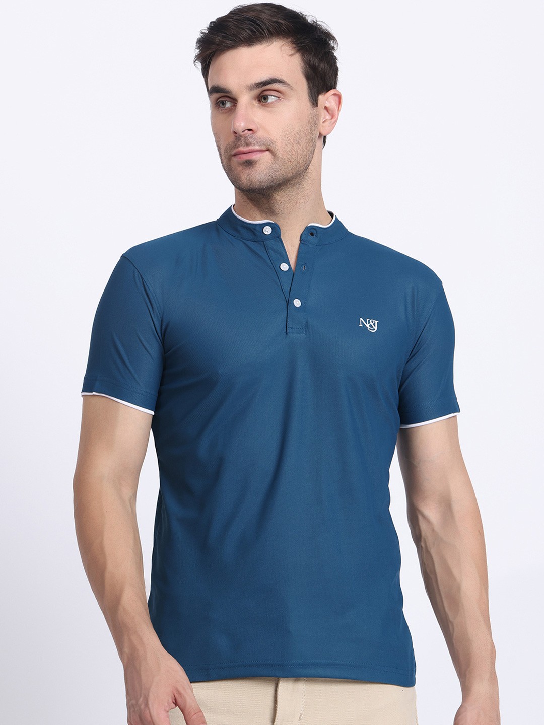 

N AND J Henley Neck Cotton T Shirt, Blue
