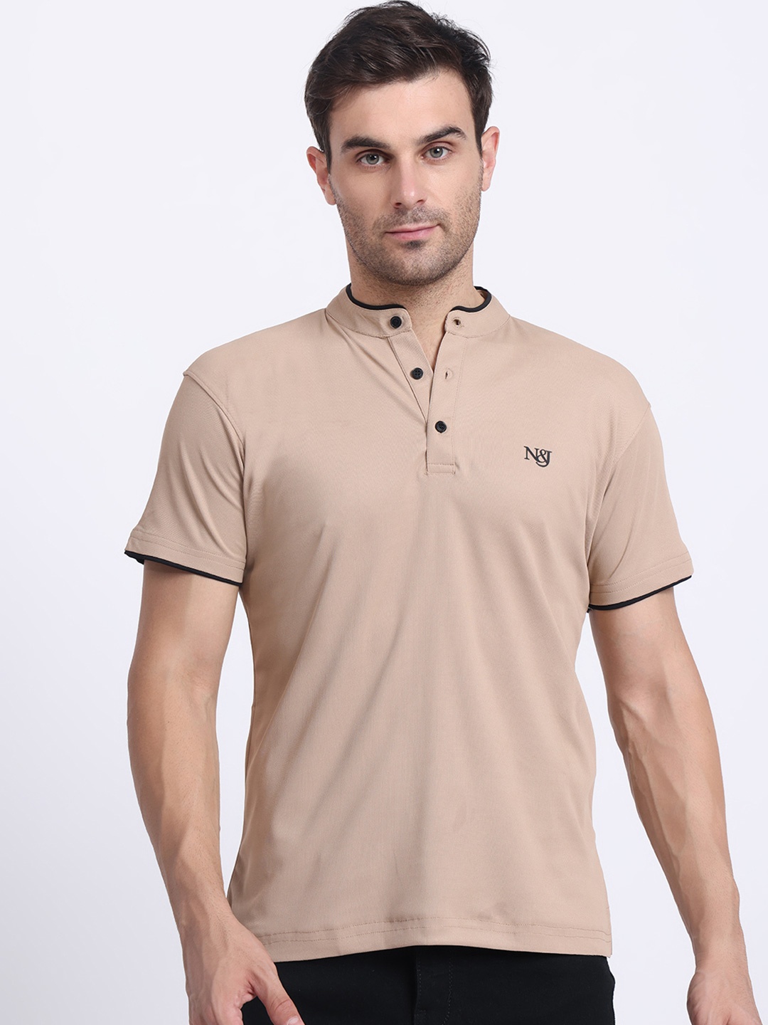 

N AND J Henley Neck Cotton T Shirt, Brown