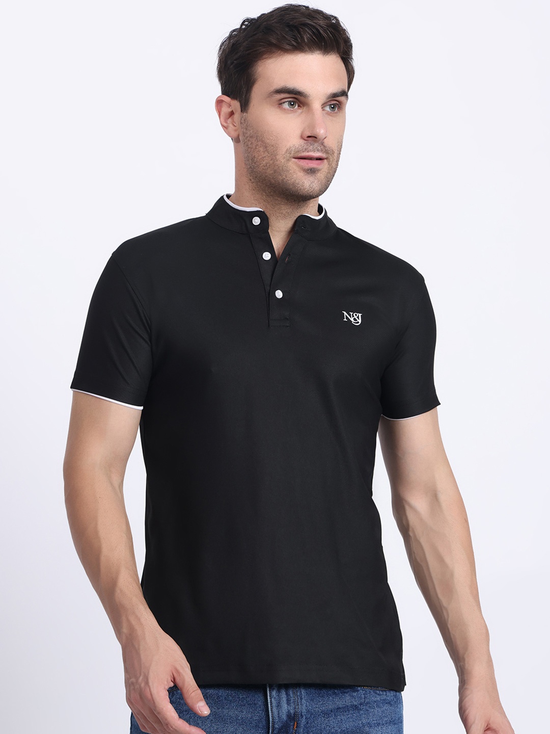 

N AND J Henley Neck Cotton T Shirt, Black