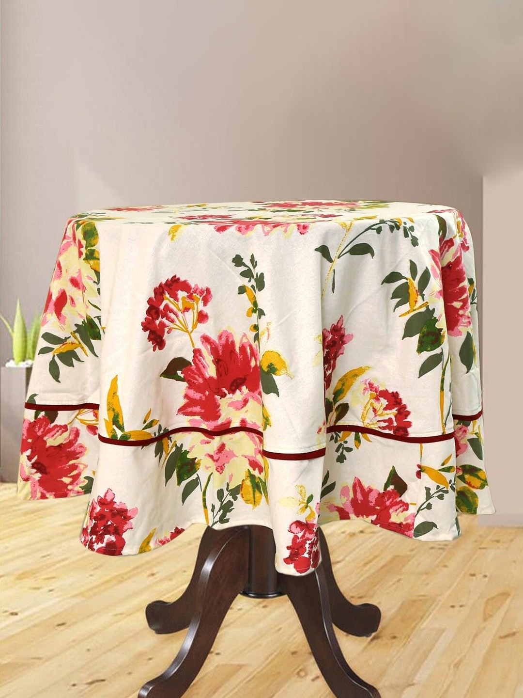 

BILBERRY Furnishing by preeti grover Cotton Round Floral Print Dinning Table Cover, White