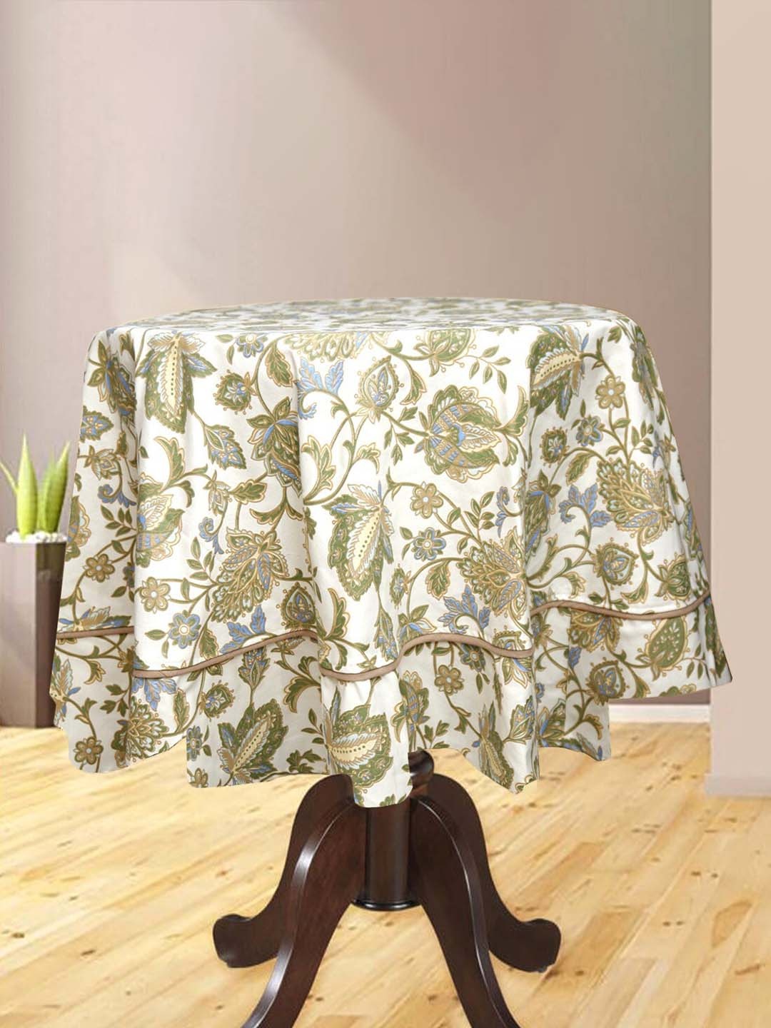 

BILBERRY Furnishing by preeti grover White Floral Cotton Round 4 Seater Table Cover