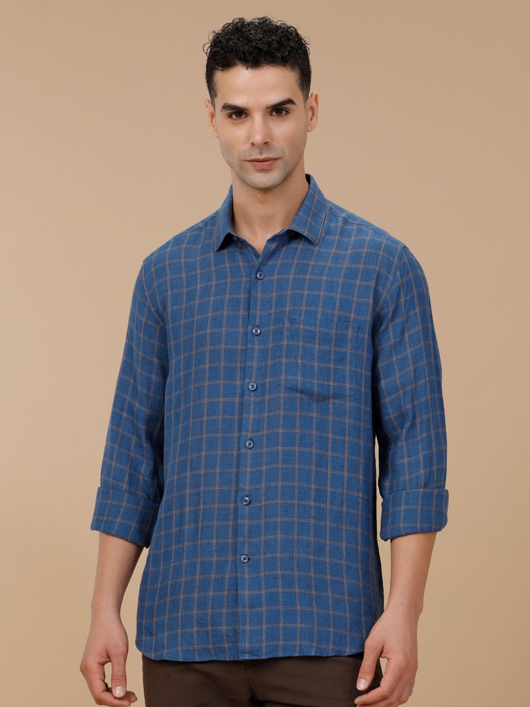 

Linen Club Contemporary Slim Fit Windowpane Checked Pure Linen Casual Shirt, Blue