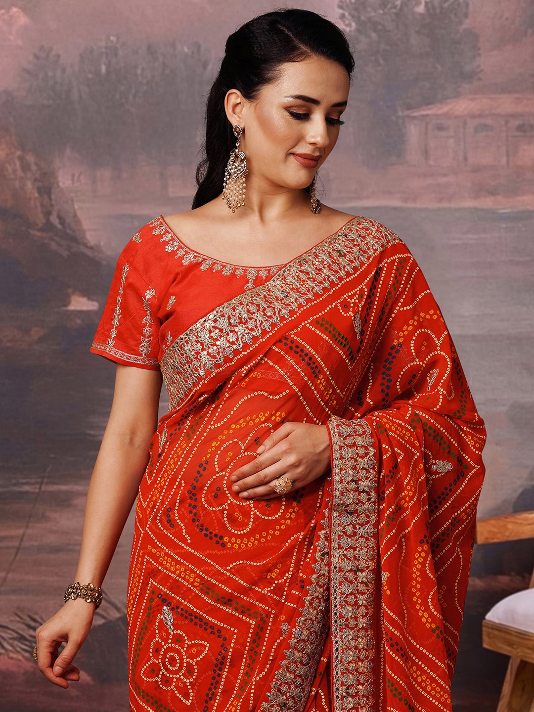 

House of Pataudi Bandhani Embellished Georgette saree, Red