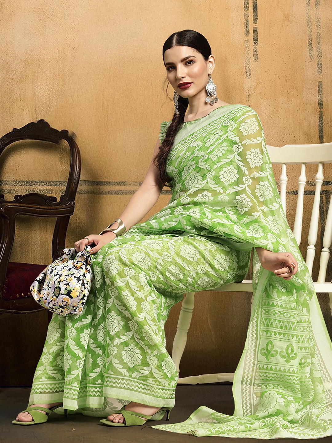 

House of Pataudi Chanderi Printed Brasso Saree, Green