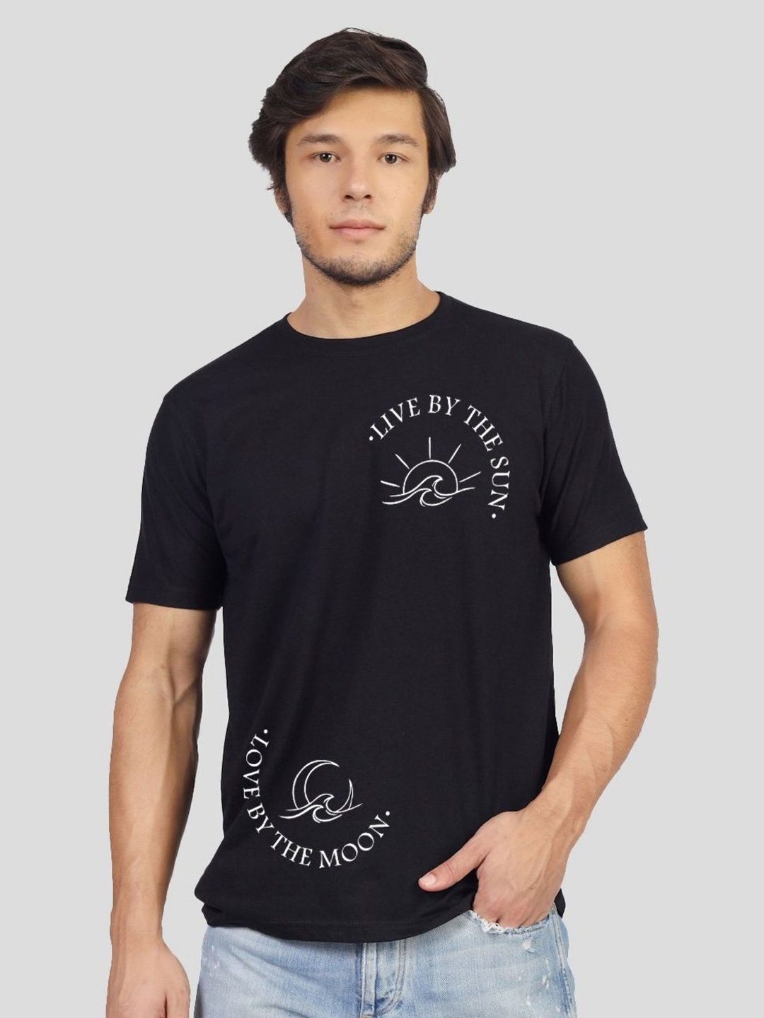 

Greylongg Men Graphic Printed Round Neck Cotton T-shirt, Black