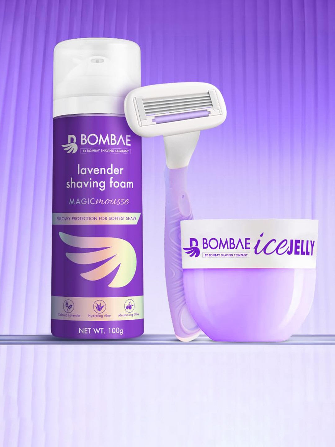 

BOMBAE Set Of 3 Shaving Foam With Post Shave Balm & Razor Shaving Ritual Kit, Purple