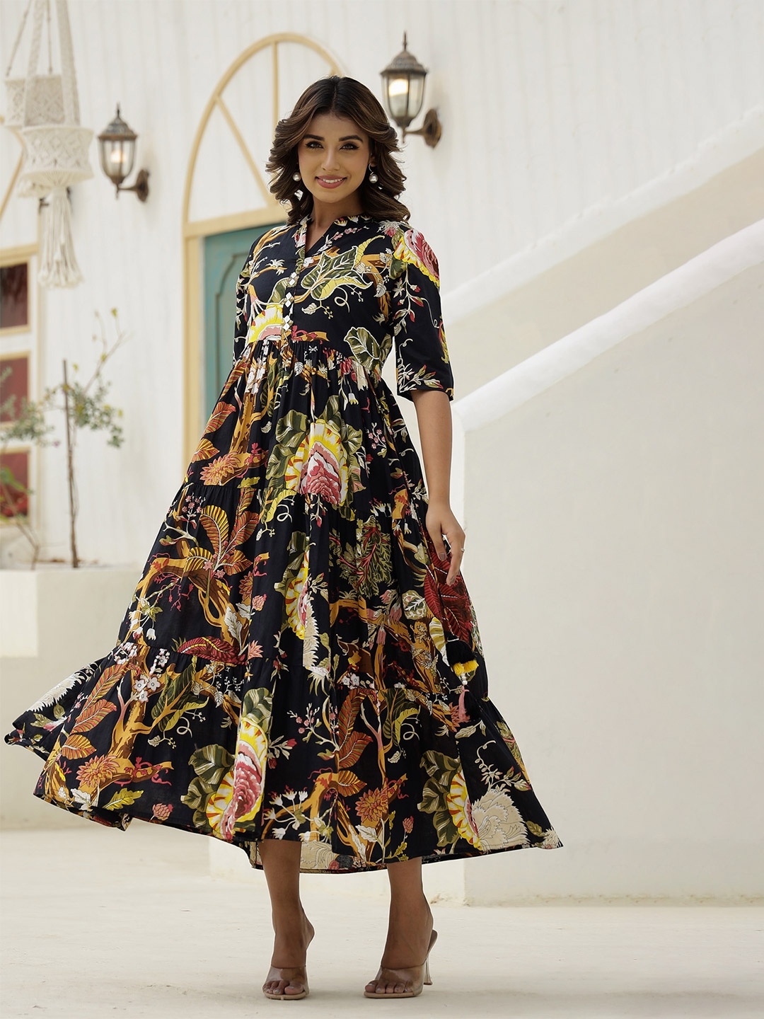 

FLAVIA CREATION Women Floral Printed Tiered Fit & Flare Midi Dress, Black