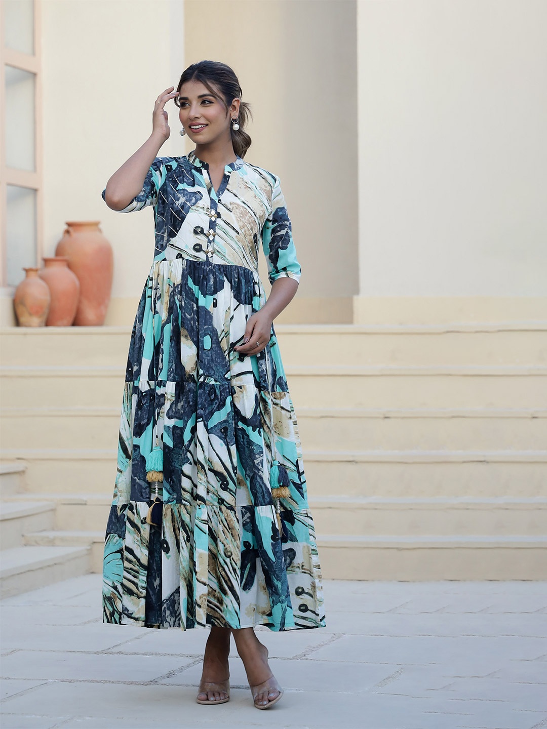

FLAVIA CREATION Women Cotton Abstract Printed Maxi Dress, Turquoise blue