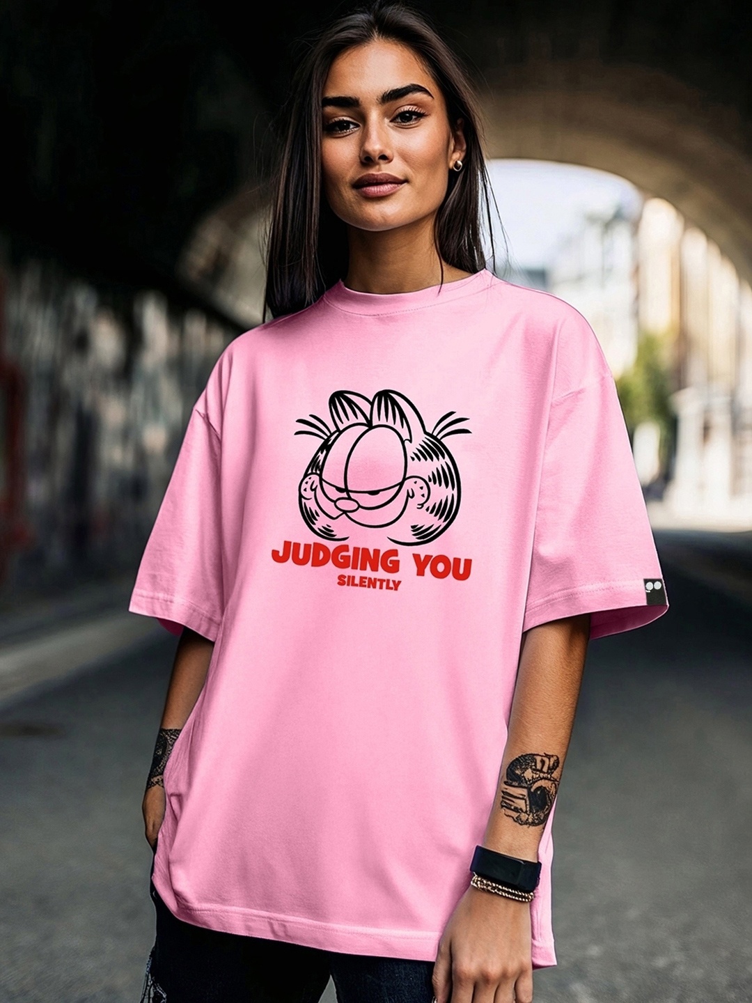 

Bewakoof Prism Judging You Graphic Printed Pure Cotton Oversized T-shirt, Pink