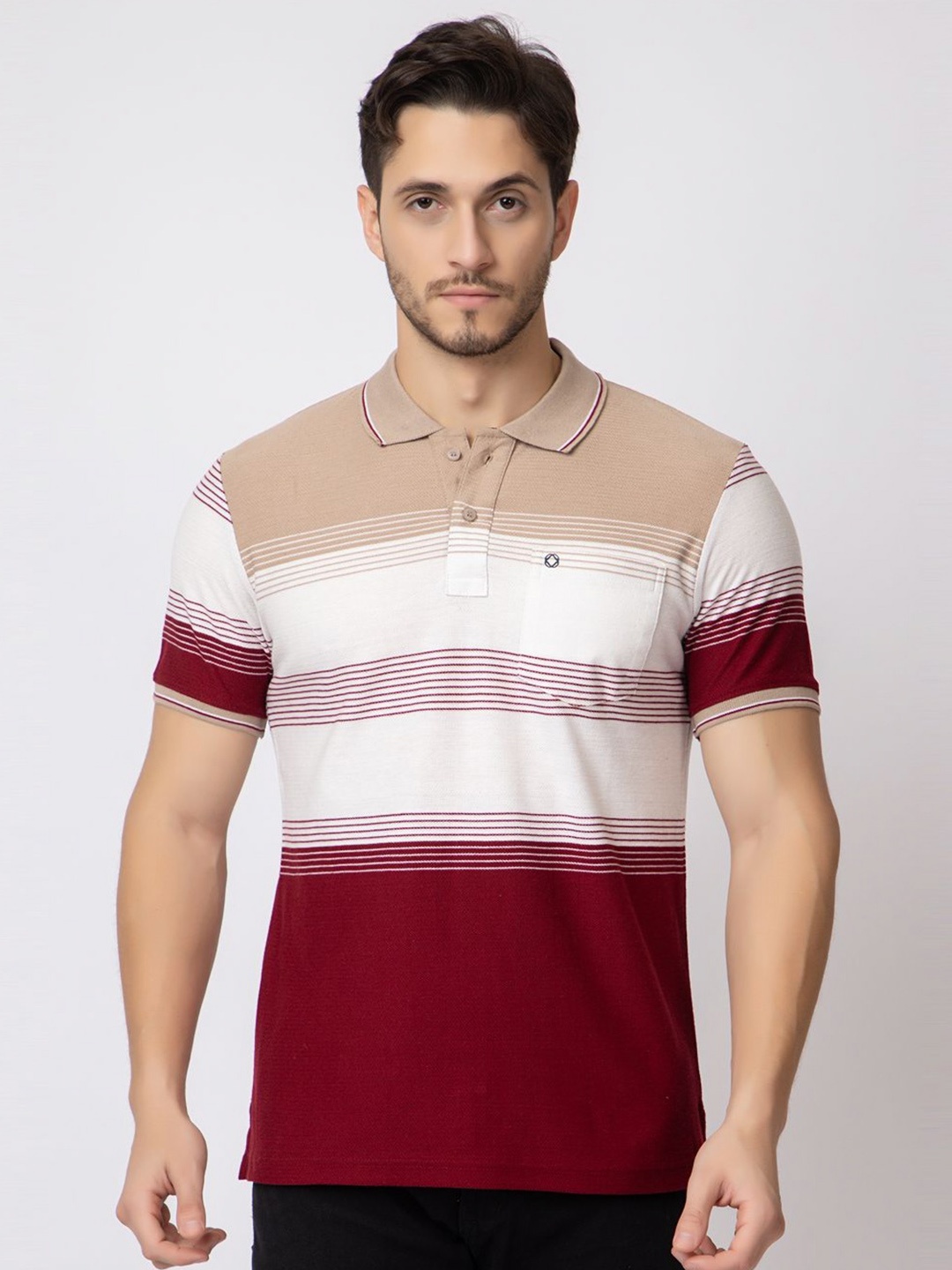 

ARIIX Men Striped Polo Collar Cotton T-shirt, Maroon
