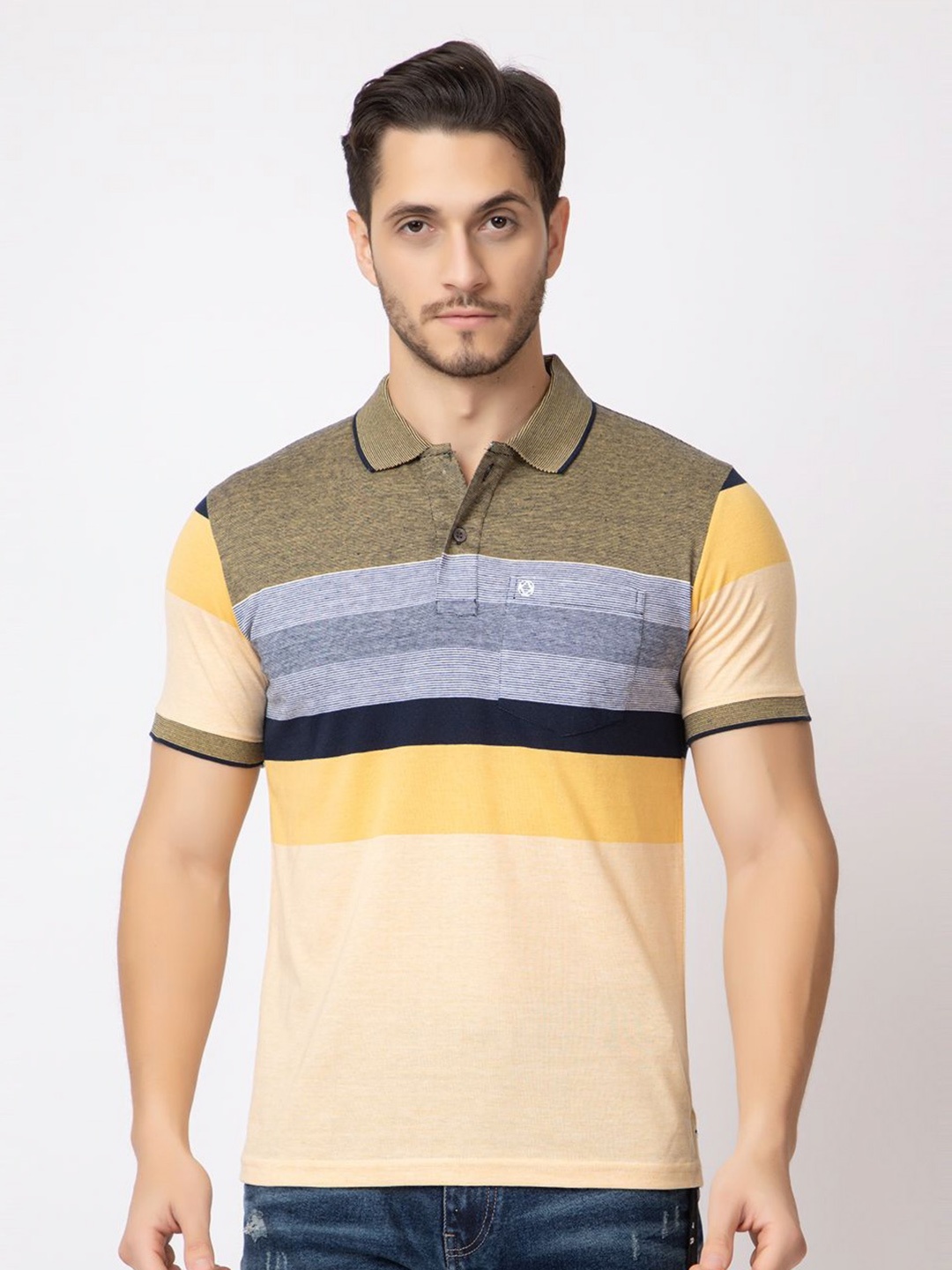 

ARIIX Men Striped Polo Collar Cotton T-shirt, Yellow