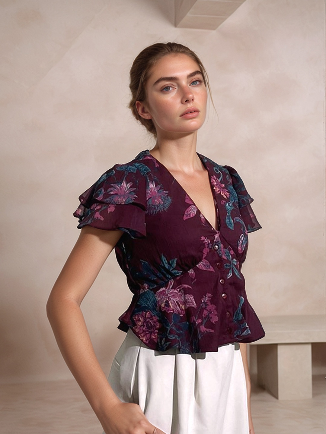 

Stylecast X Hersheinbox Floral Print Flutter Sleeve Empire Top, Burgundy