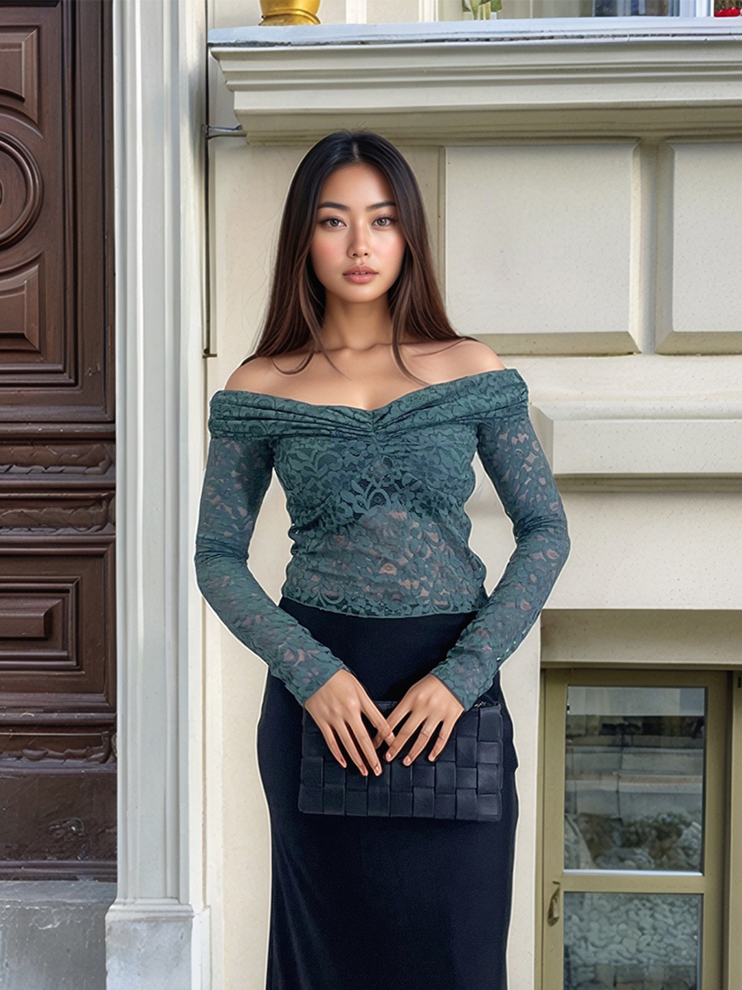 

Stylecast X Hersheinbox Off-Shoulder Linen Lace Bardot Top, Teal