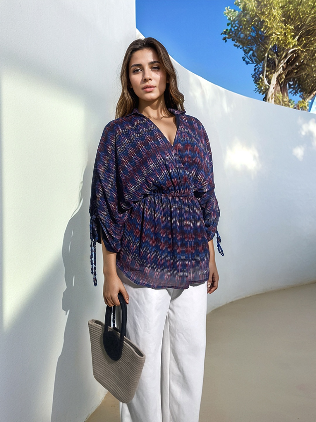 

Stylecast X Hersheinbox Geometric Print Extended Sleeves Kaftan Top, Navy blue