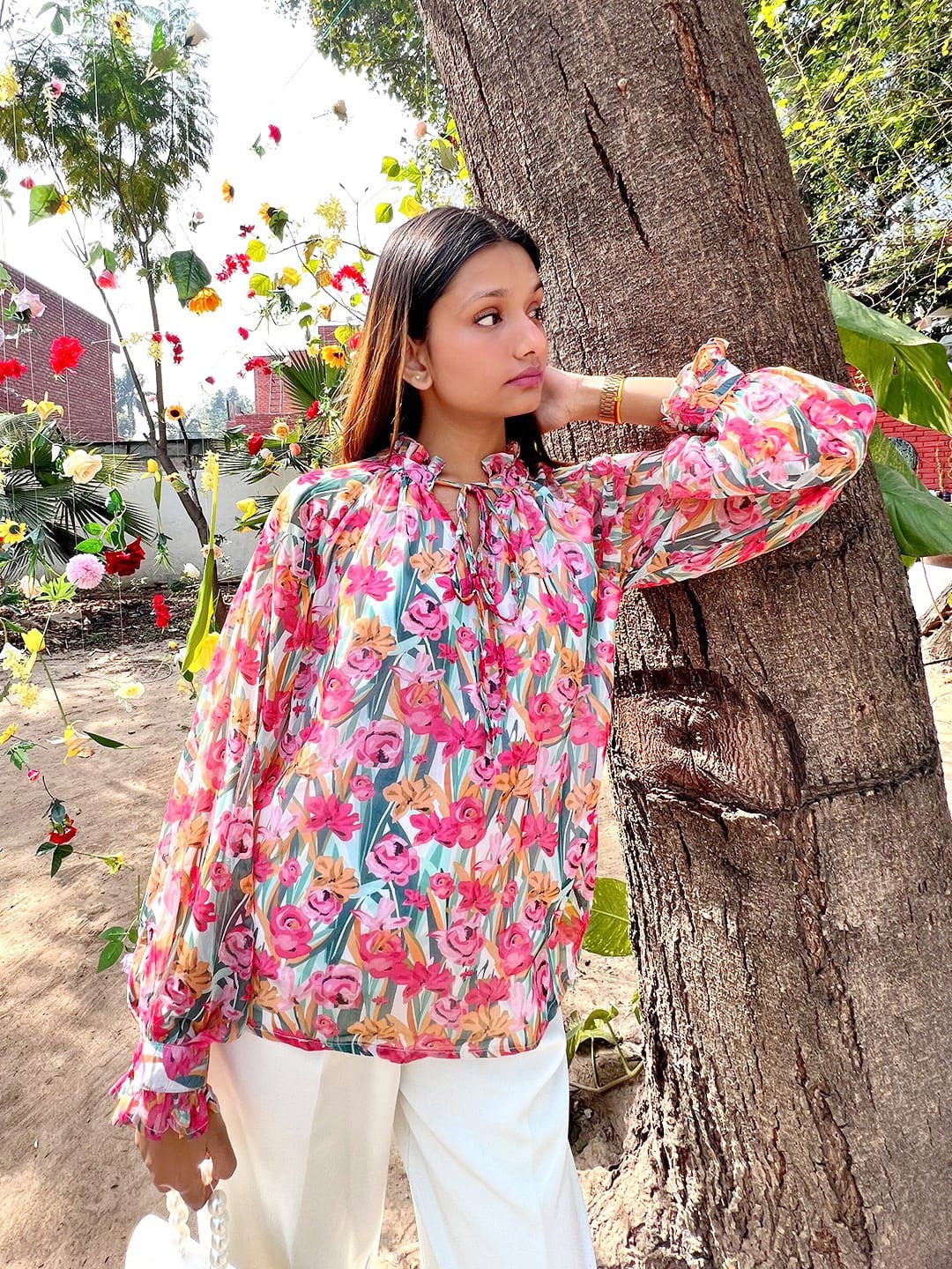 

Stylecast X Hersheinbox Floral Print Tie-Up Neck Bishop Sleeves Top, Multi