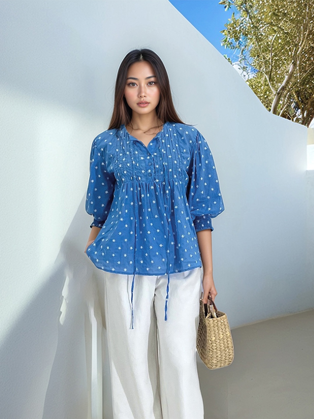 

Stylecast X Hersheinbox Tie-Up Neck Puff Sleeves Embroidered Detail Pure Cotton Top, Blue