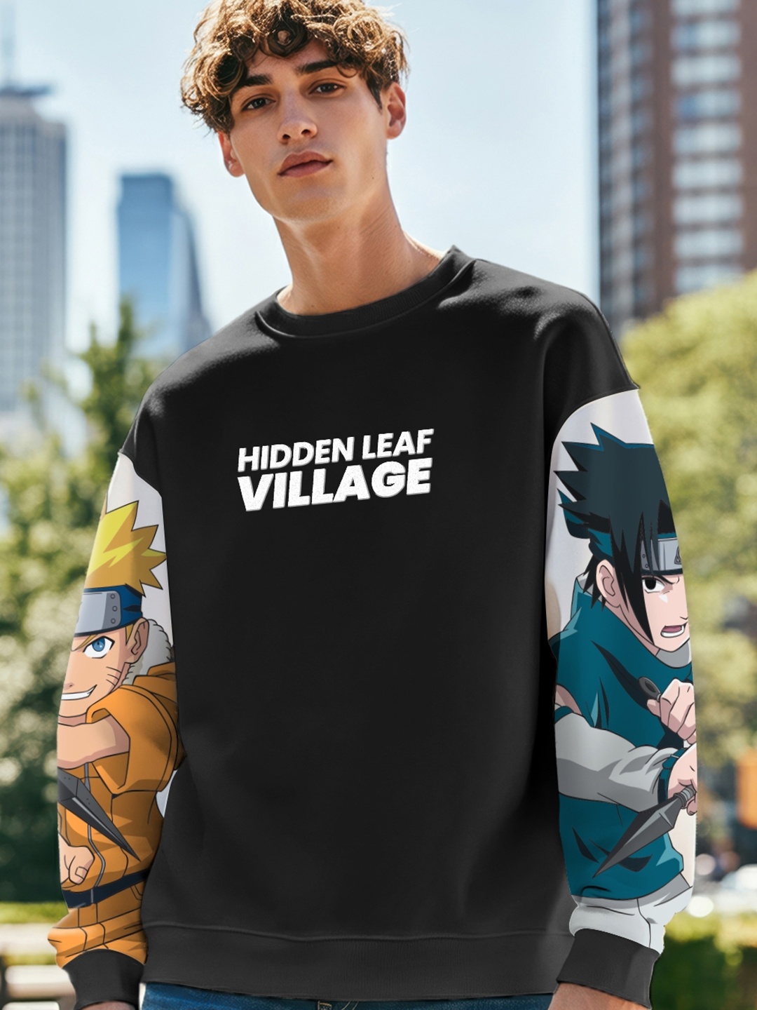 

Bewakoof Men Graphic Printed Pullover Oversized Sweatshirt, Black