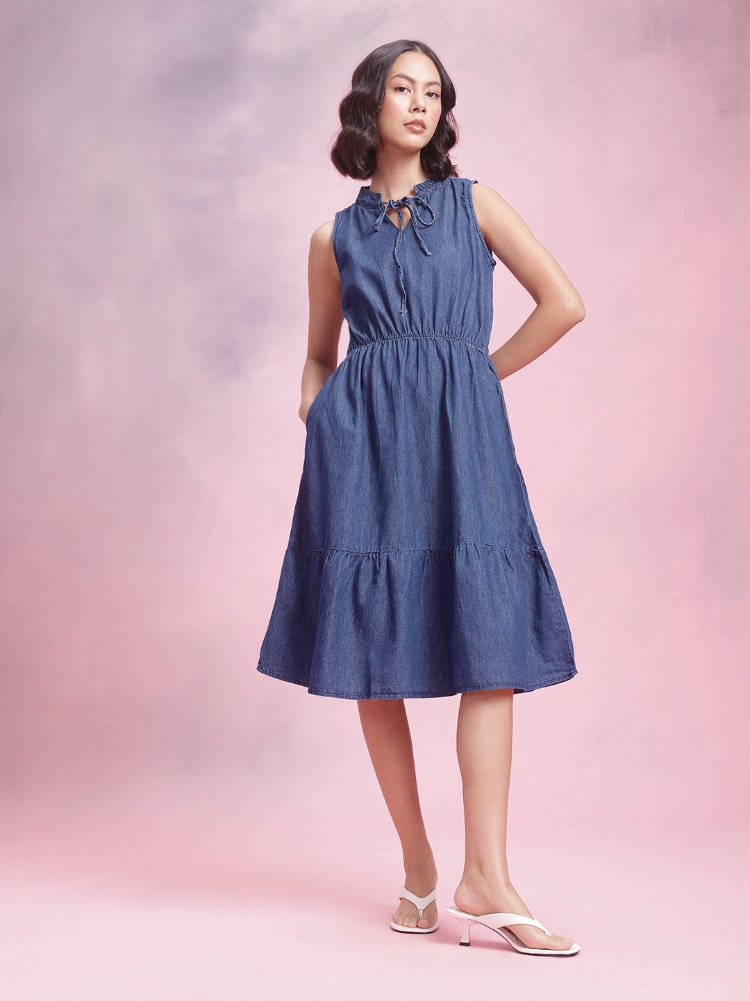 

DressBerry Tie-Up Neck Tiered Pure Cotton A-Line Dress, Navy blue