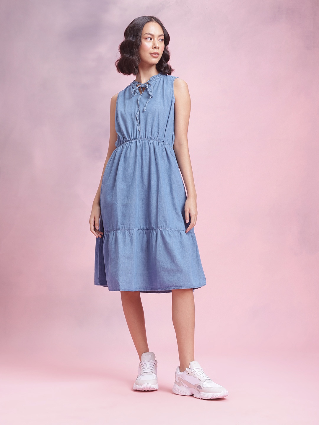 

DressBerry Tie-Up Neck Tiered Pure Cotton A-Line Dress, Blue