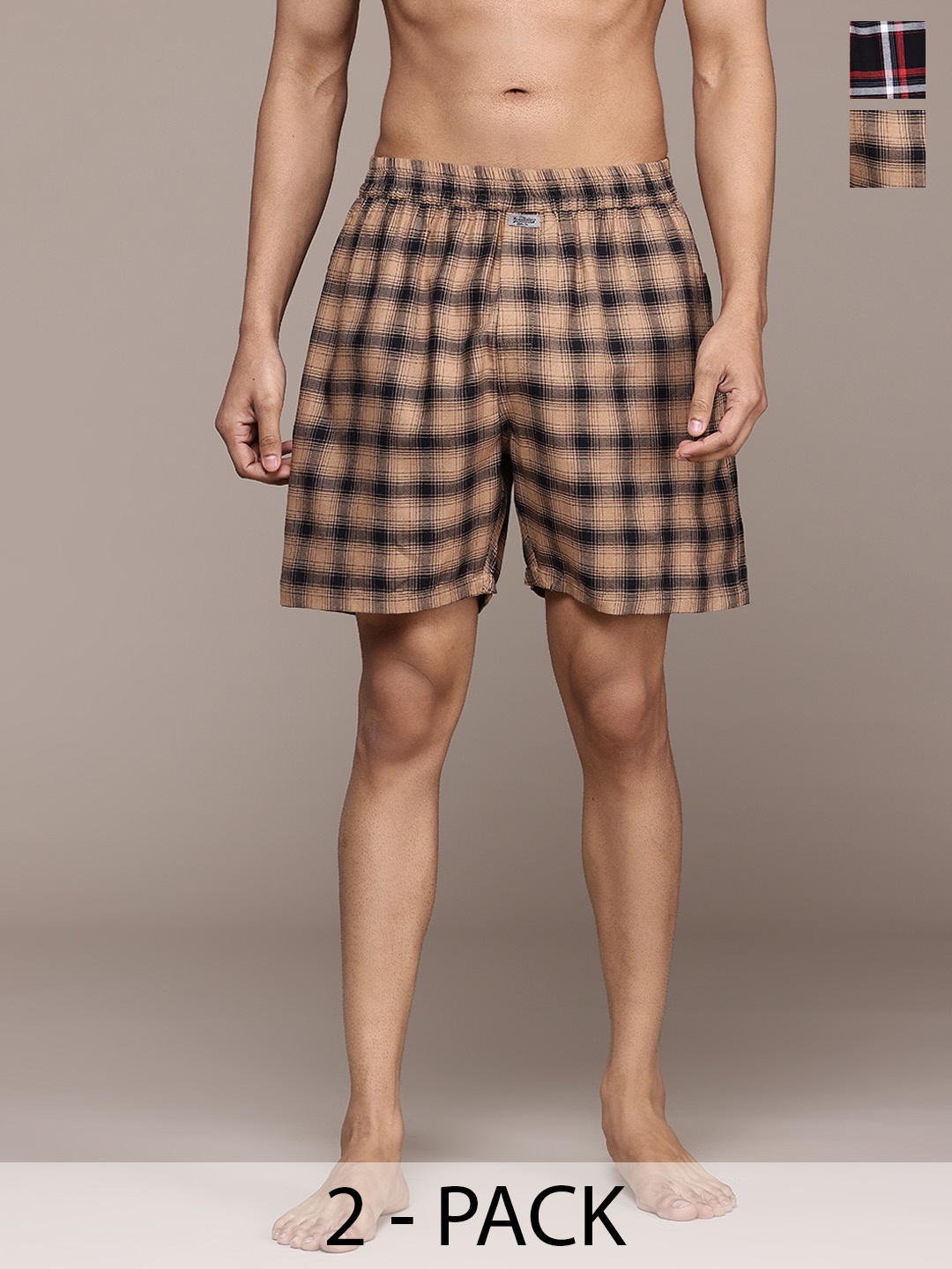 

The Roadster Lifestyle Co. Pack Of 2 Checked Pure Cotton Boxers, Beige
